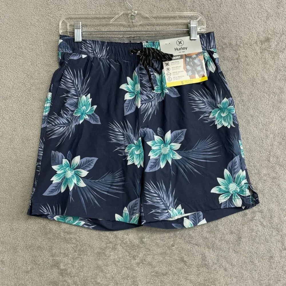 Hurley Men's S Tropical Floral Print Swim Shorts In Navy Blue & Teal N0995